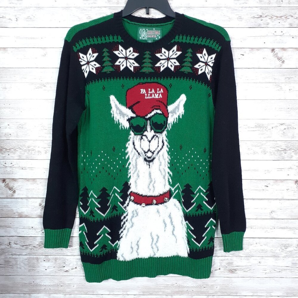 Ugly Christmas Sweater Mens L Llama Bells Green Black 35